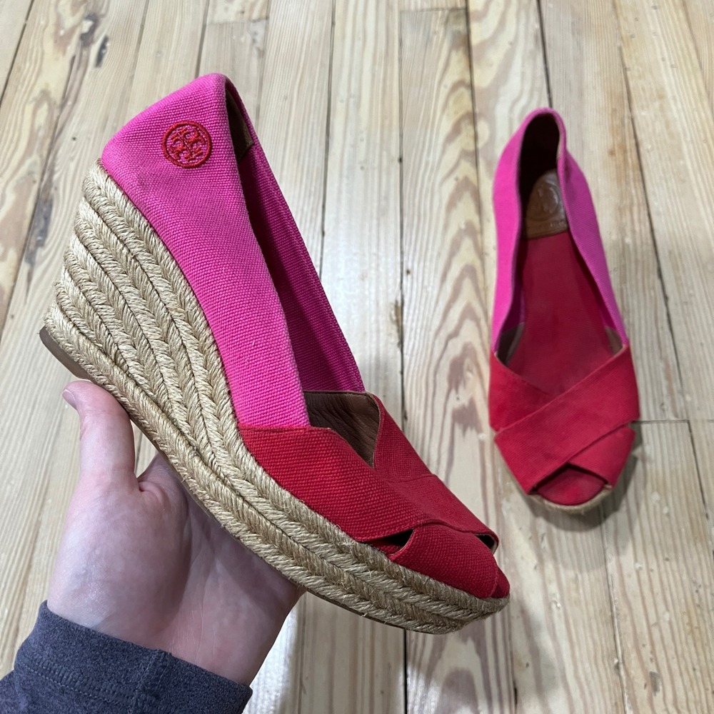 Tory Burch Filipa Espadrille Wedges Womens 8 Pink Red Canvas Peep Toe Platform